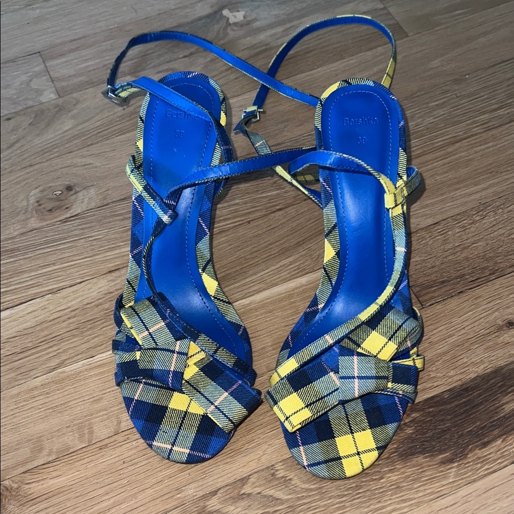 Bershka Blue and Yellow Plaid Strappy Sandals